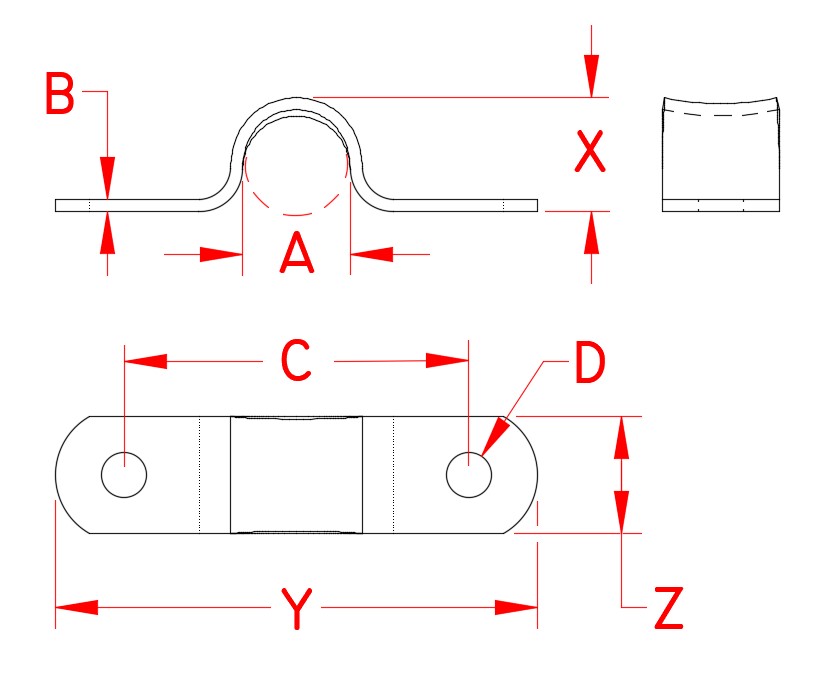 Stainless Steel 2 Hole Eye Strap, S3708-0010, S3708-0013, S3708-0016, Line Drawing